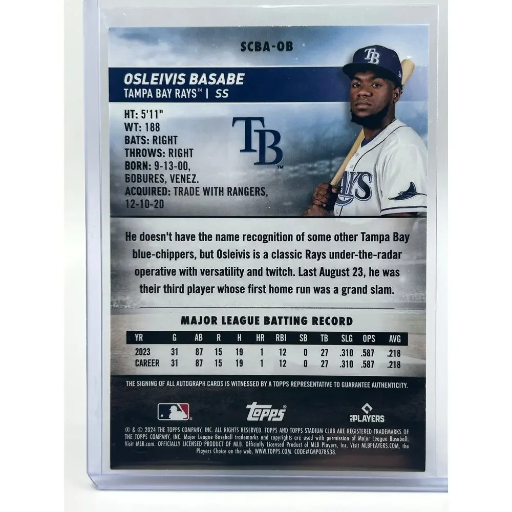 2024 Topps Stadium Club Osleivis Basabe Rookie Auto Tampa Bay Rays RC - Picture 2 of 2